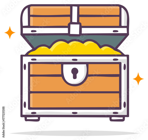 Open wooden treasure chest filled with sparkling gold coins cute cartoon vector illustration
