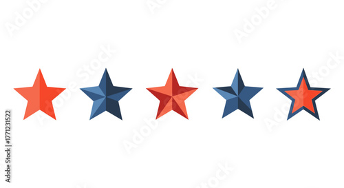 Five colorful stars in a row representing rating and achievement isolated on white background