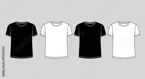 Four plain t-shirts black and white apparel mockup simple clothing design template isolated on white background