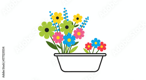 Vibrant assortment of blooming flowers in a white planter creative decorative arrangement isolated on white background