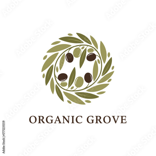 Organic Grove: Olive Oil and Natural Food Product Logo Circular Wreath Emblem for Mediterranean and Gourmet Foods