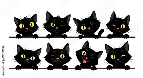 Adorable collection of cute black kittens peeking over a surface with expressive yellow eyes isolated on white background