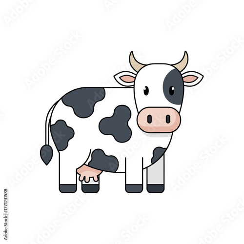 Adorable cartoon dairy cow with black and white spots and pink udder friendly farm animal isolated on white background