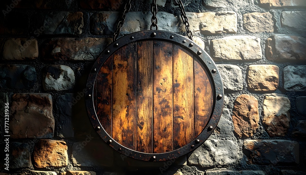 Obraz premium Rustic wooden sign with iron rim hanging on stone wall brings vintage charm to any space