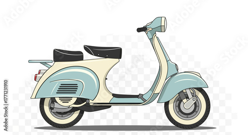 Classic cream and mint green vintage scooter side view detailed recreation isolated on white background