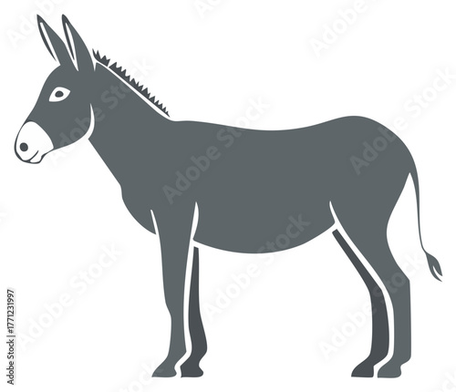 Mule or donkey vector illustration, gray farm animal with ears, equid in side profile, full body isolated
