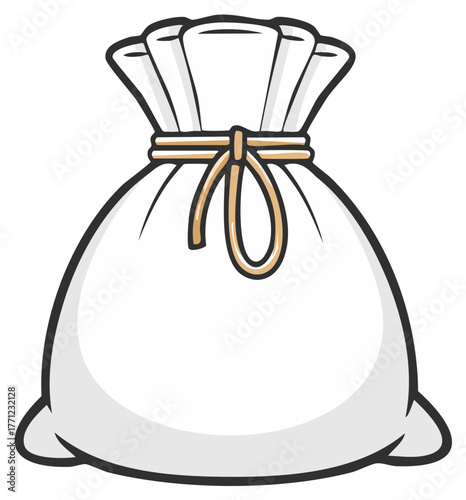 White Sack Illustration with Brown Rope Tie Closed Top and Filled Bottom for Storing