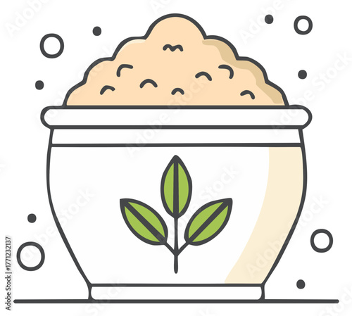 Illustration of a bowl with natural organic grain, flour or porridge with a plant symbol