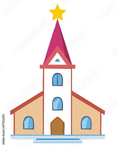 Charming Cartoon Church with Star Topped Steeple and Arched Windows