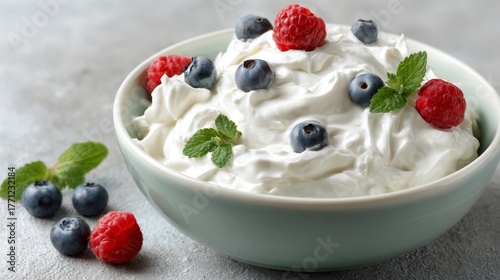 Creamy whipped yogurt topped with fresh raspberries blueberries and mint in a pastel bowl on neutral surface with copy space