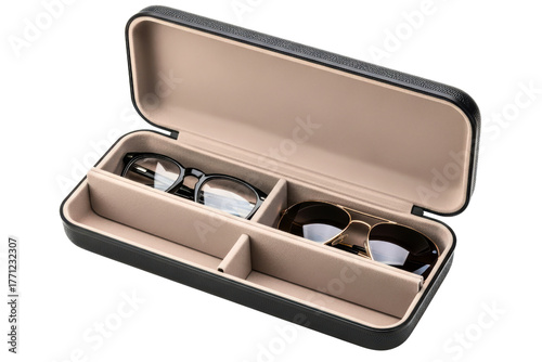 Open the double glasses case with spectacles and sunglasses inside on a transparent background