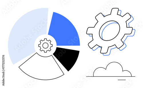 Segmented chart with gear in the center and standalone gear above cloud suggests data analysis, efficiency, and teamwork. Ideal for productivity, process management, data, innovation, organization