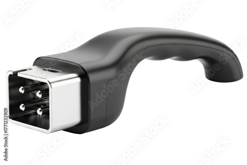Ergonomic black handle with metal power connector on a transparent background