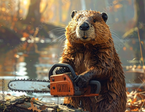 Cartoon beaver cheerfully holding a chainsaw in a forest setting