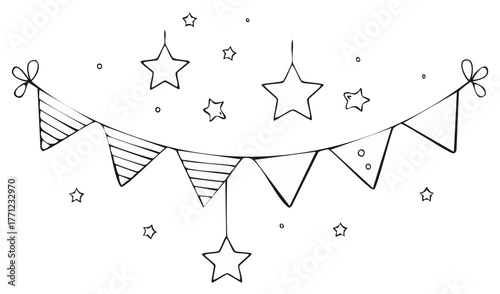 Hand-drawn celebratory elements with flags, stars, and circles suspended in black line art