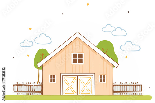 Cartoon Barn Illustration with Trees Clouds and Fence Vector Design