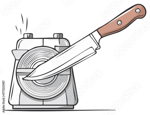 Knife being sharpened with a knife sharpener, illustration.