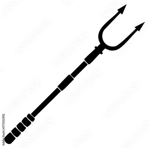 Black silhouette of a trident with a long shaft and two sharp pointed prongs against a white background