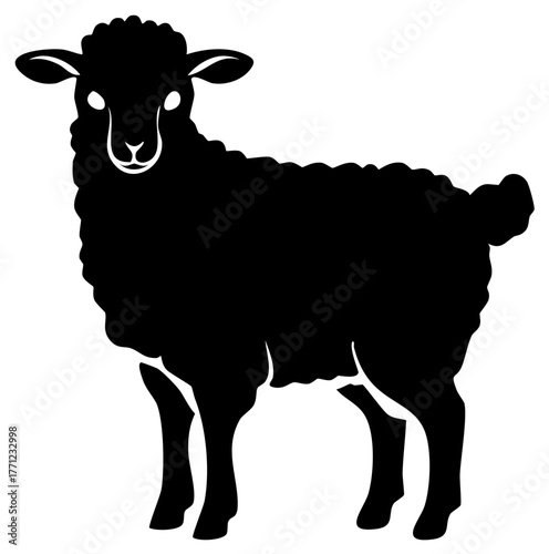 Stylized black lamb silhouette standing, looking forward, vector illustration.