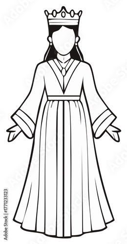 Elegant Queen Character with Crown and Regal Gown Line Art Illustration