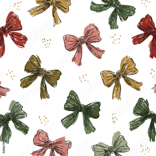 Christmas Bows Seamless Pattern. Hand Drawn Xmas Wallpaper Design. Colorful Bows Vector Illustration. Winter Holiday Print Template. Minimalist Elegant Background with Hand Painted Bow