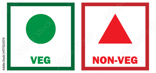 Veg and non-veg food icon dot and triangle. Vegetarian and non-vegetarian symbols. Green dot and red dot in squares. Vegan and non-vegan food labels. Vector illustration.