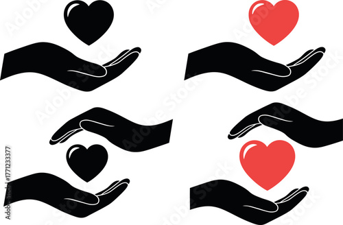 Vector Illustration of a hand holding heart icon set. Symbol of charity, donation, love, care, and support.