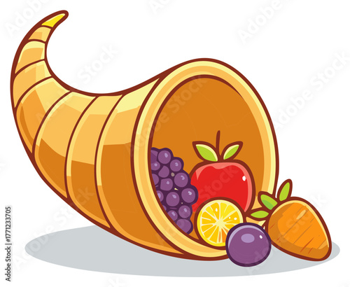 Cartoon illustration of cornucopia overflowing with fruits and vegetables for Thanksgiving harvest celebration