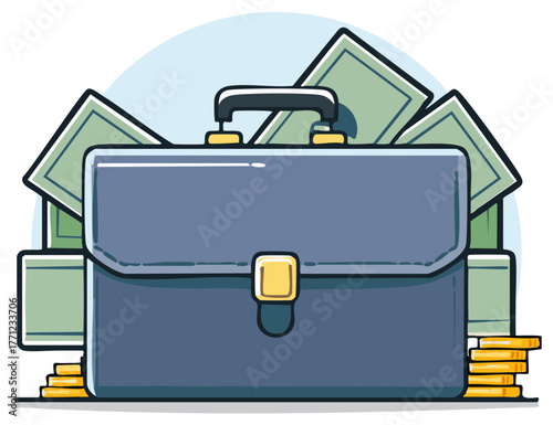 Briefcase overflowing with money, currency, and coins. Financial abundance concept.