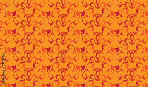 Vibrant orange damask pattern with intricate floral and scrollwork designs