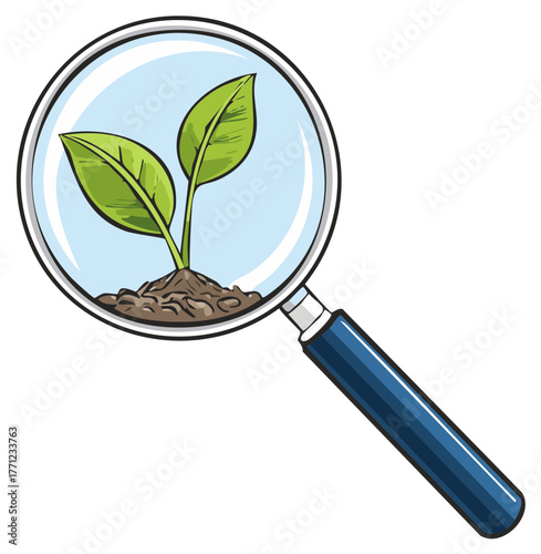 Magnifying glass examines a green sprout growing from rich soil science research concept