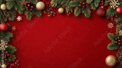 christmas background, minimalist festive poster, soft gradient, snowflakes and pine leaves on edges, empty space in the middle for text, elegant and bright, modern design, high quality, powerpoint sli