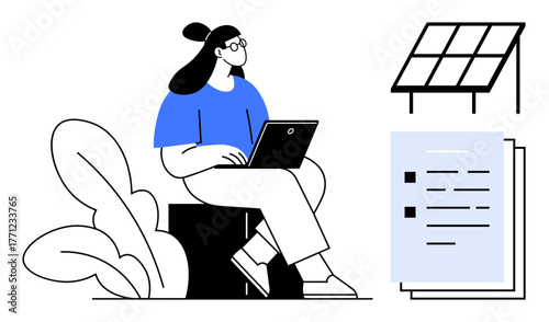 Woman sitting with a laptop near leaves, next to documents and solar panels. Ideal for themes of sustainability, remote work, green energy, technology, productivity, education and innovation. Simple