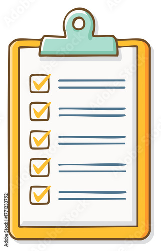 Cartoon Style Clipboard with Completed Checklist and Five Yellow Checkmarks Successfully Finished Tasks
