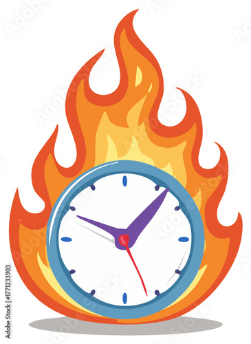 Cartoon Clock Surrounded by Flames Illustrating Time Pressure and Deadlines
