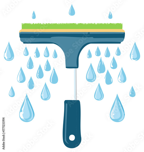 Window washing squeegee tool with falling water drops vector illustration