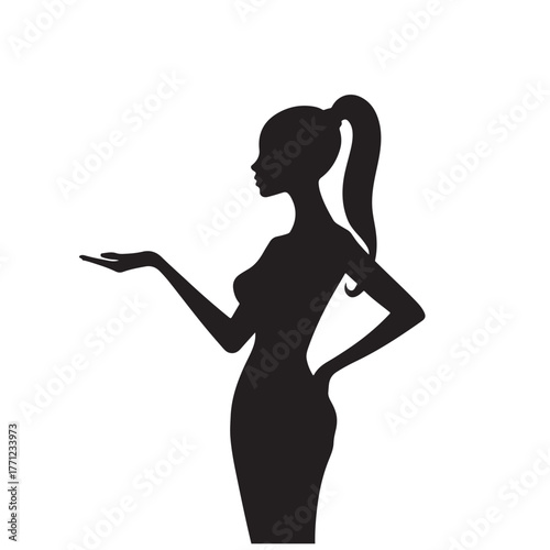 stylish black and white vector graphic of a woman with a high ponytail modeling or showing off a concept.