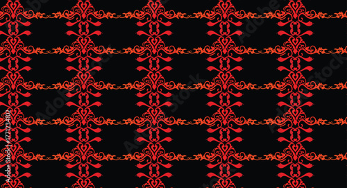 Elegant red damask pattern with floral and scroll elements on black