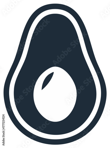 Dark blue and white graphic icon of a halved avocado with pit