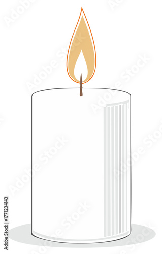 Single white candle with a warm glowing flame burning brightly indoors