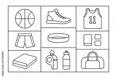Basketball Equipment in a Nine Grid Arrangement Line Art Icon Set
