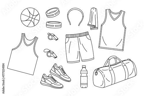 Basketball Equipment Line Art Set: Ball, Headband, Towel, Shorts, Whistle, and Bag