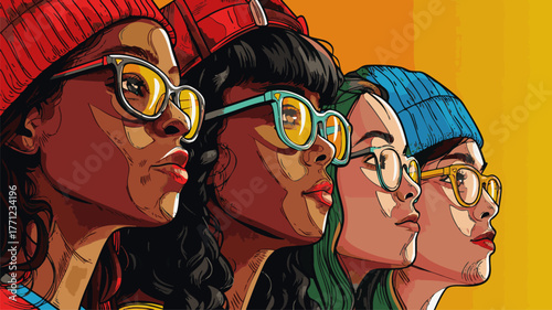 four fashionable young women in beanies and glasses, looking confidently toward the future. Generative ai vector colorful isolated illustration on white background.