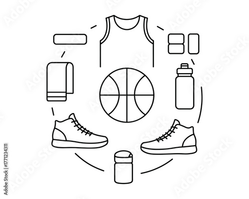 Basketball Outline Icons Circle Arrangement Symbolizing Game Essentials