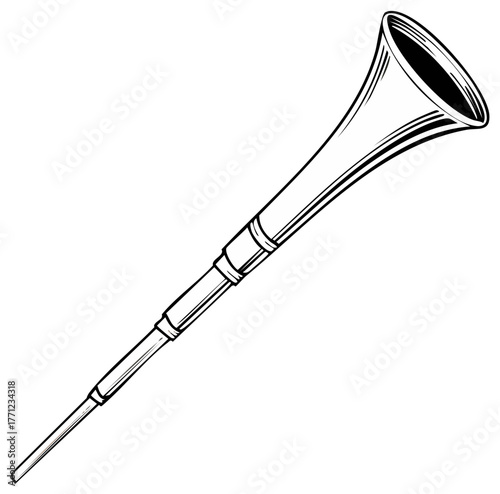 Black and white vector illustration of an ancient ceremonial horn or trumpet