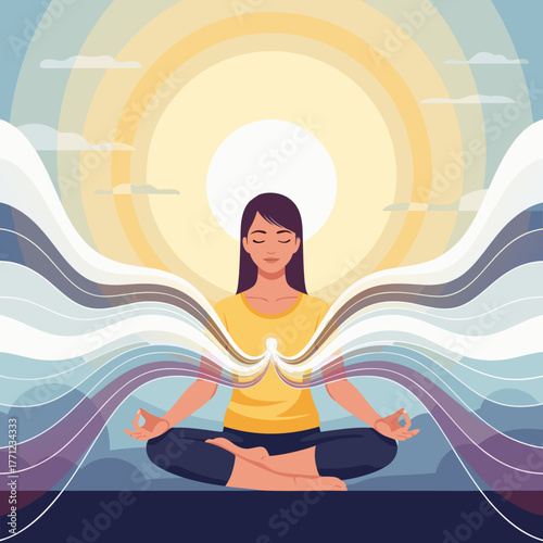 Woman meditating peacefully surrounded by swirling energy and warm sunlight
