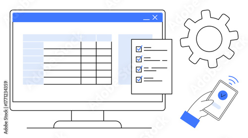 Computer displaying a spreadsheet, checklist with checkboxes, gear for settings, and hand using smartphone approval. Ideal for task management, workflow, productivity, data processing, mobile
