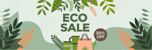 Eco sale banner with leaves and reusable bags in green tones for sustainability