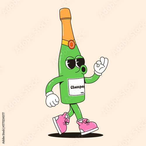 Happy vintage champagne bottle mascot walking. Retro Vector for party invitations, event promotions, holiday design