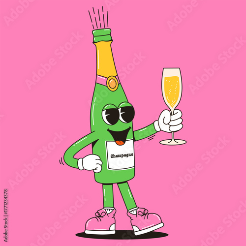 Vintage champagne mascot holding glass. Vector illustration for party invitations, cards, designs